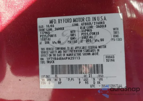 2004 Ford Ranger Xlt z USA, uszkodzony, nr VIN 1FTYR44E64PA35113